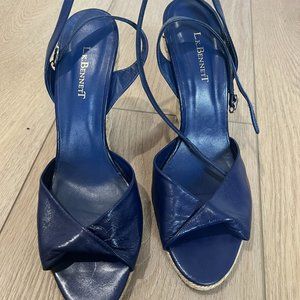 LK Bennet raffia wedges with cobalt blue leather top made in spain